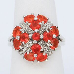 STS 925 India Sterling Silver Orange Fire Opal with Diamonds Cocktail Ring Sz 7